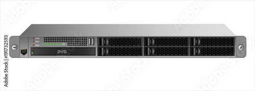 The 1U server for mounting with a 19-inch rack with six 2.5-inch hard drives and an optical drive. Vector illustration on white background.