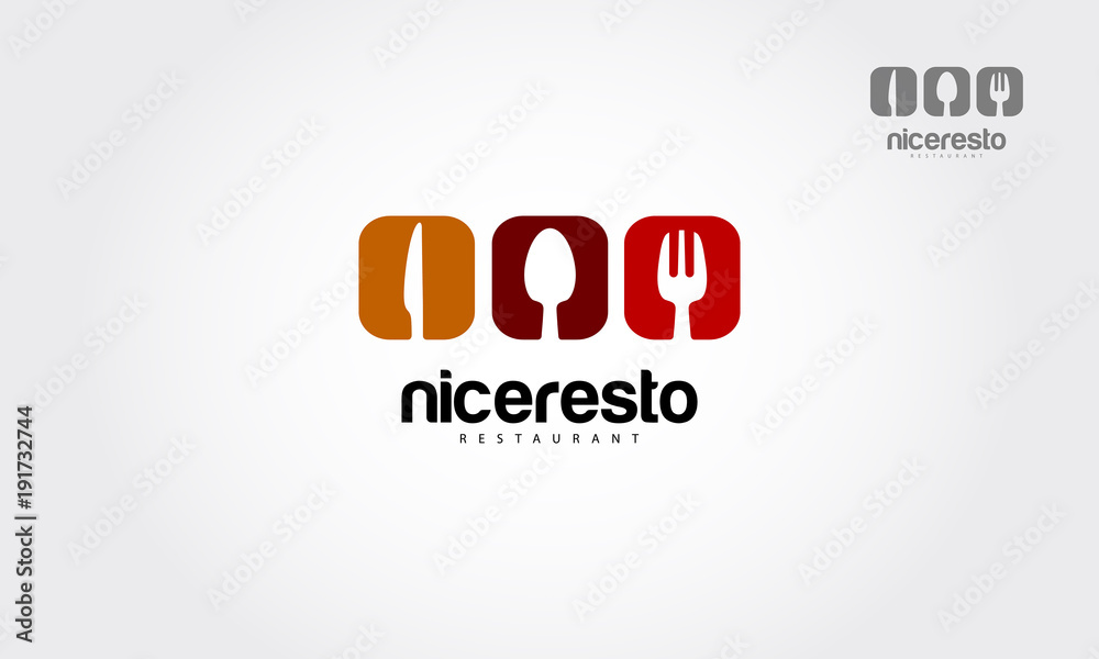 Nice Resto Vector Template. Logo Food word sign logo icon design template elements with spoon, knife and fork. Vector logo illustration Nice Resto Vector Template. Logo Food word sign logo icon design template elements with spoon, knife and fork. Vector logo illustration
