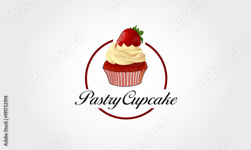 Pastry Cupcake Vector Logo Illustration. Cupcake Bakery Stylish Logo Template. This sign is cute sign that consists of cupcake icon  decorative design elements.