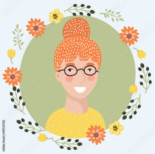 Young woman skeptic face icon. Pretty redhead girl with flush and blue eyes suspicious facial expression isolated flat vector. Female cartoon portrait illustration for women emotions concept photo