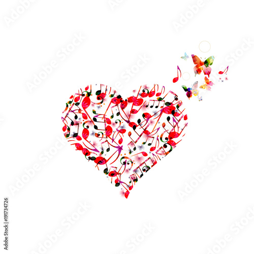 Colorful heart with music notes isolated. Love music concept. Music elements for card, poster, party invitation. Music background design vector illustration