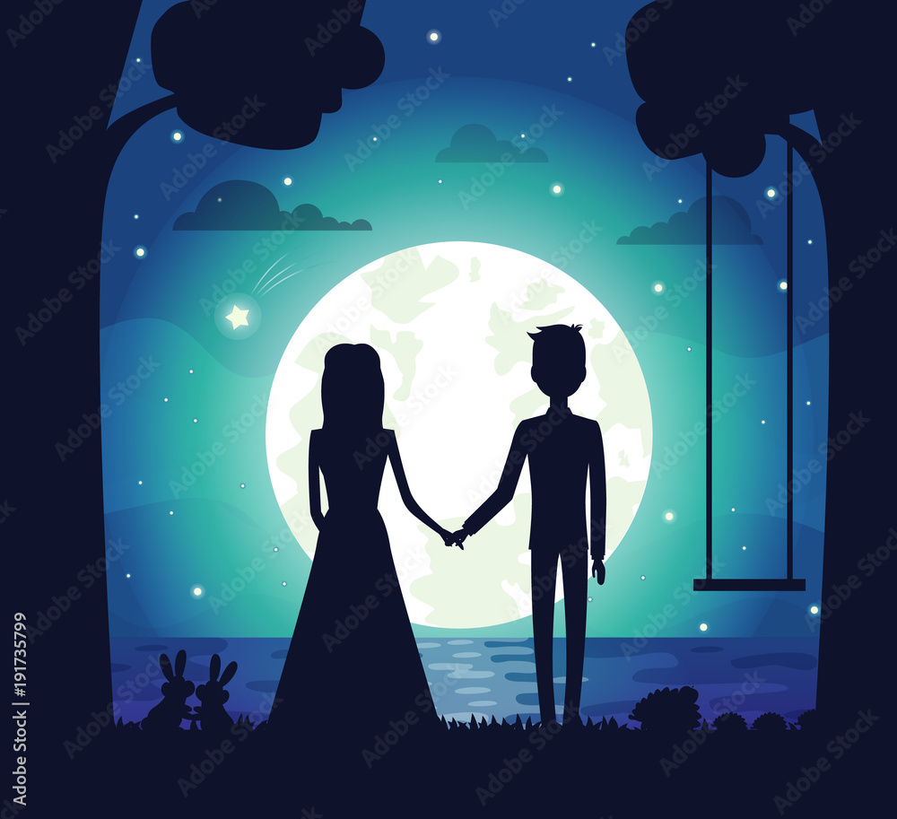Silhouette of Couple at Night Vector Illustration Silhouette of Couple at Night Vector Illustration