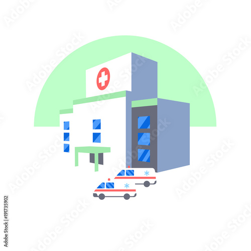 Hospital building and ambulance cars icon. Medical health emergency flat illustration