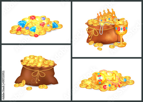 Gold Coins and Precious Treasures in Old Bags