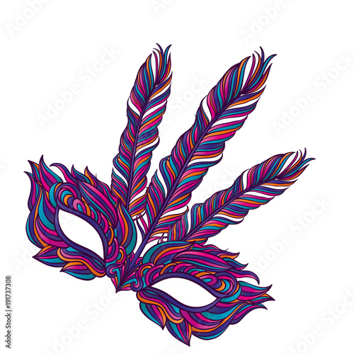 Gold carnival mask of feathers and patterns. A beautiful concept for the design of a poster, postcard, invitation card or banner. Vector illustration.
