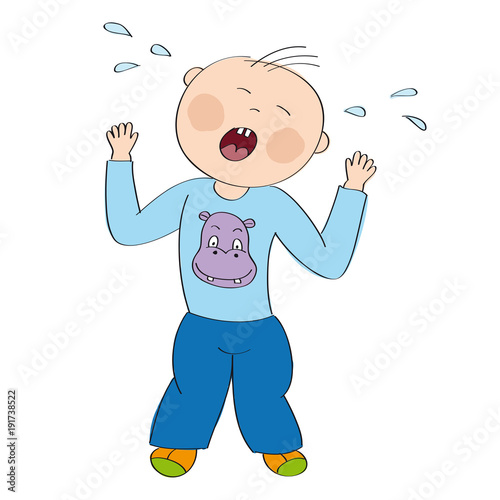 Little baby boy toddler angry and crying, having temper tantrum, tears splashing all over - original hand drawn illustration
