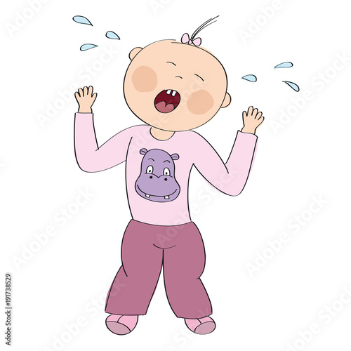 Little baby girl toddler angry and crying, having temper tantrum, tears splashing all over - original hand drawn illustration