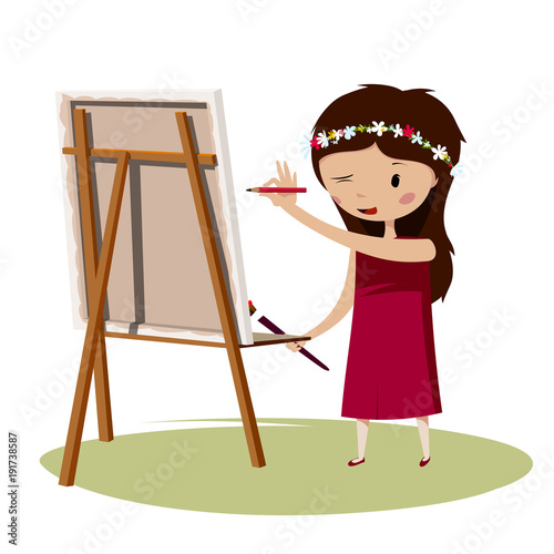 Girl draws on canvas