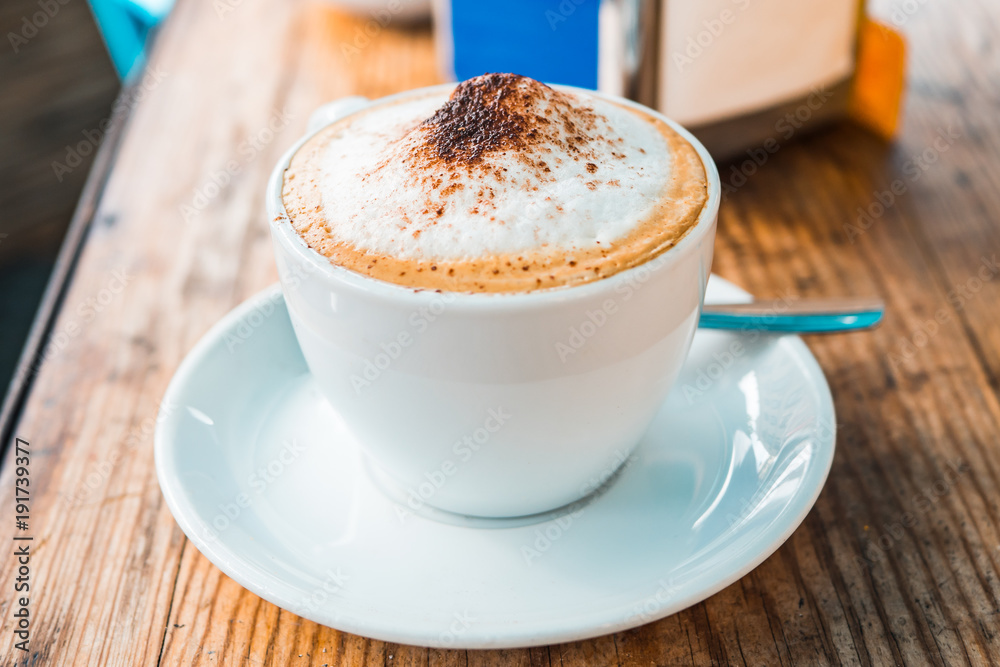 Freshly brewed coffee in a street European cafe