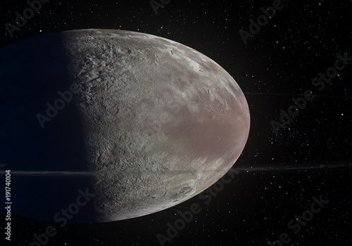 Fototapeta Naklejka Na Ścianę i Meble -  Artwork of Haumea ellipsoidal dwarf planet with rings in the Kuiper belt