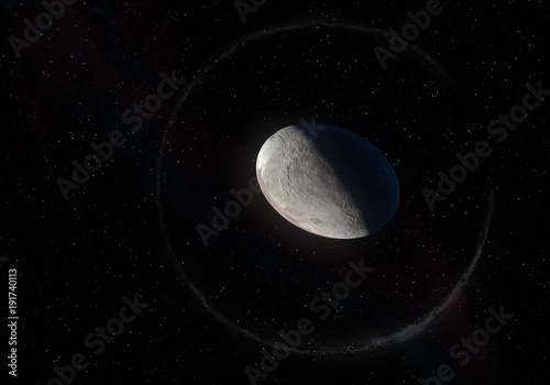 Fototapeta Naklejka Na Ścianę i Meble -  Artwork of Haumea ellipsoidal dwarf planet with rings in the Kuiper belt