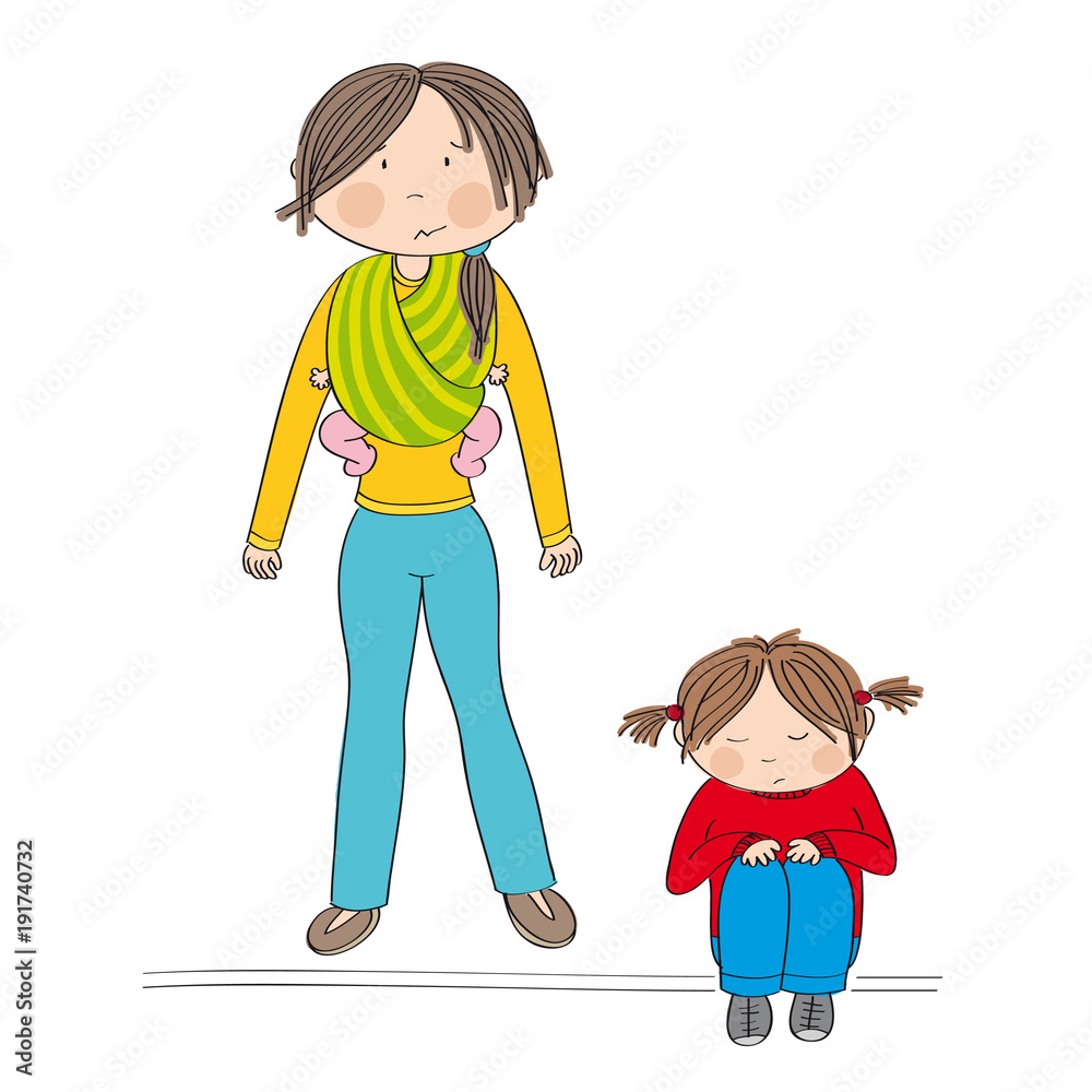 Vetor de Sibling rivalry. Sad little girl sitting on the ground being(00)