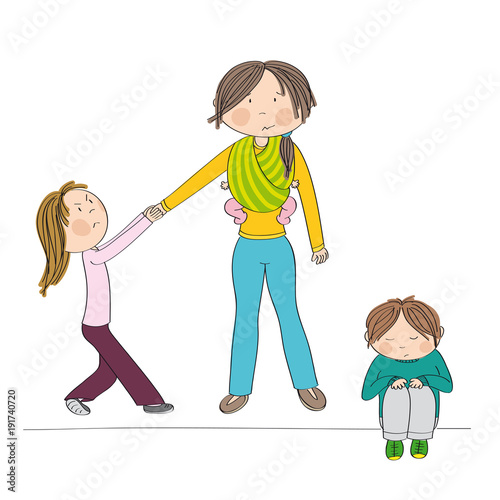 Naughty jealous little girl fighting mother's attention, tugging her hand, behaving bad. Her brother, little boy, sitting on the ground being sad. Mum carrying third child, little baby, in baby sling.