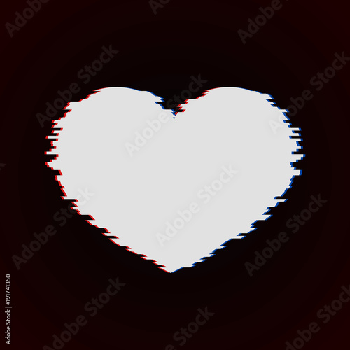 White heart with glitch effect on a dark background. Valentine’s day greeting card. Symbol of love vector illustration. Easy to edit design template.