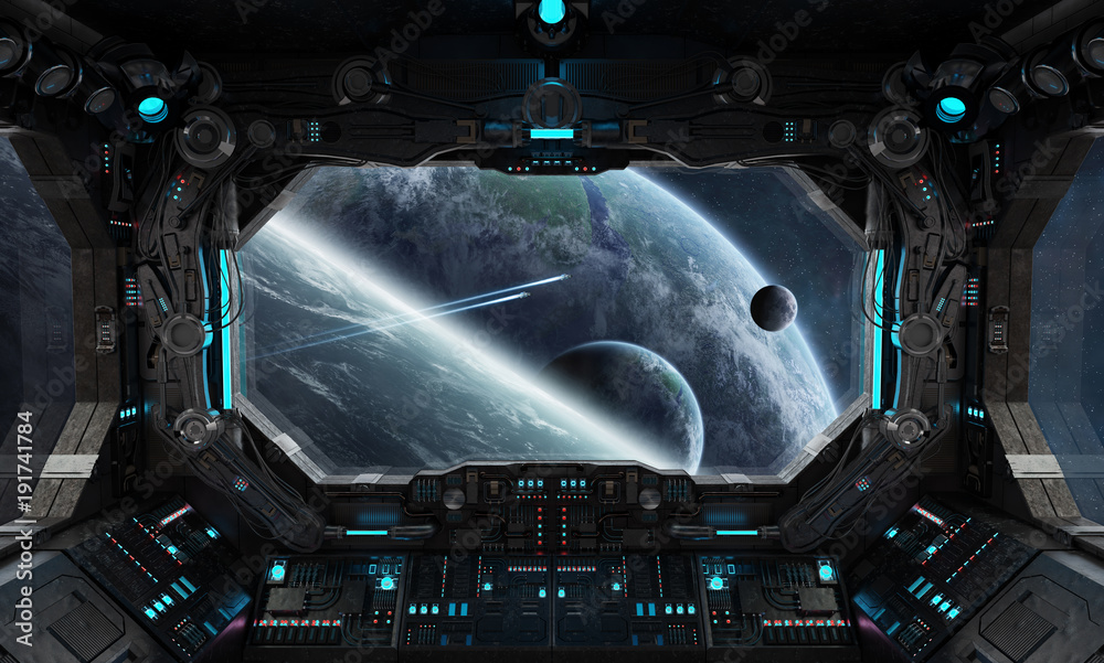 Fototapeta premium Spaceship grunge interior with view on exoplanet