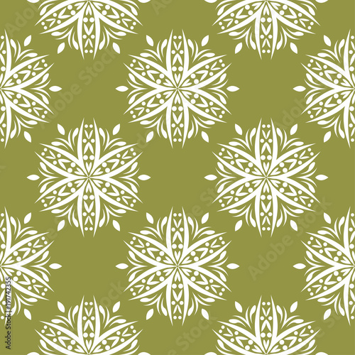 White floral seamless pattern on olive green background