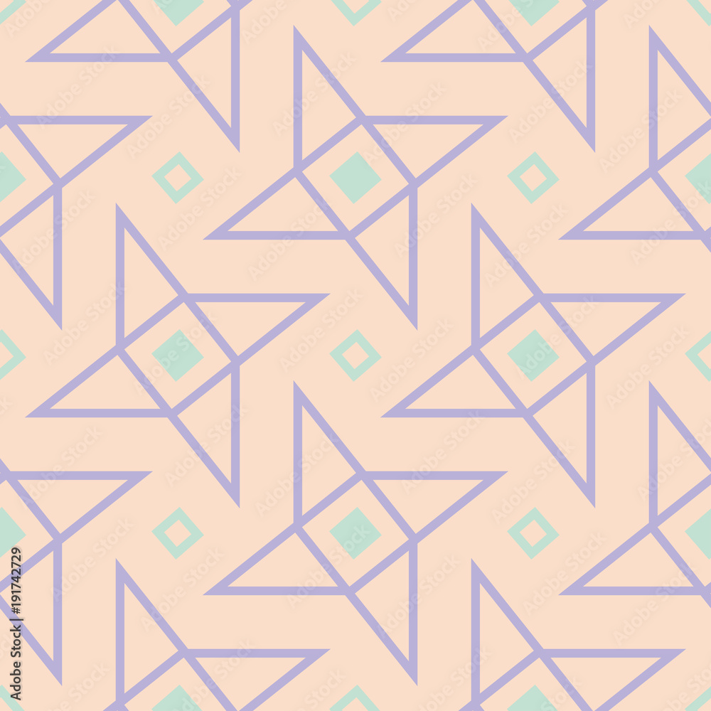 Geometric multi colored seamless pattern. Beige background with violet and blue design elements Geometric multi colored seamless pattern. Beige background with violet and blue design elements