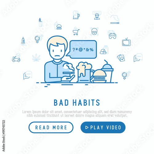 Bad habits concept: man swearing and smoking with thin line icons: abuse, alcoholism, marijuana, drugs, fast food, poker, promiscuity, tv, video games. Modern vector iilustration, web page template.