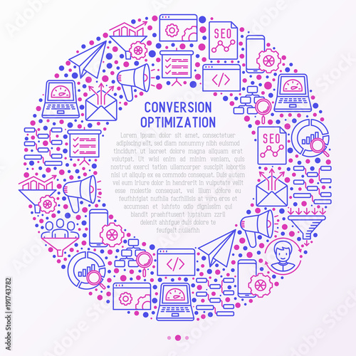 Conversion optimization concept in circle with thin line icons: marketing, customer management, SEO technology, website promotion, sales funnel, web traffic. Modern vector illustration for print media