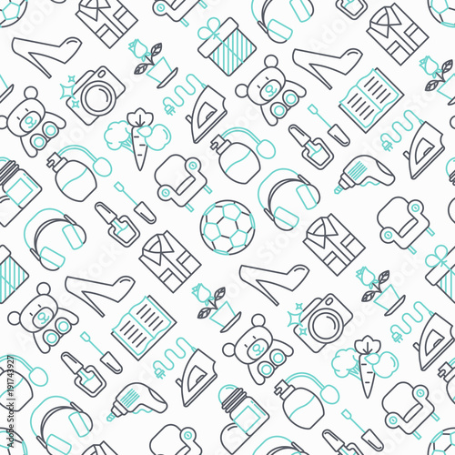 Hypermarket seamless pattern with thin line icons: apparel, sport equipment, electronics, perfumery, cosmetics, toys, food, appliances. Modern vector illustration for background.