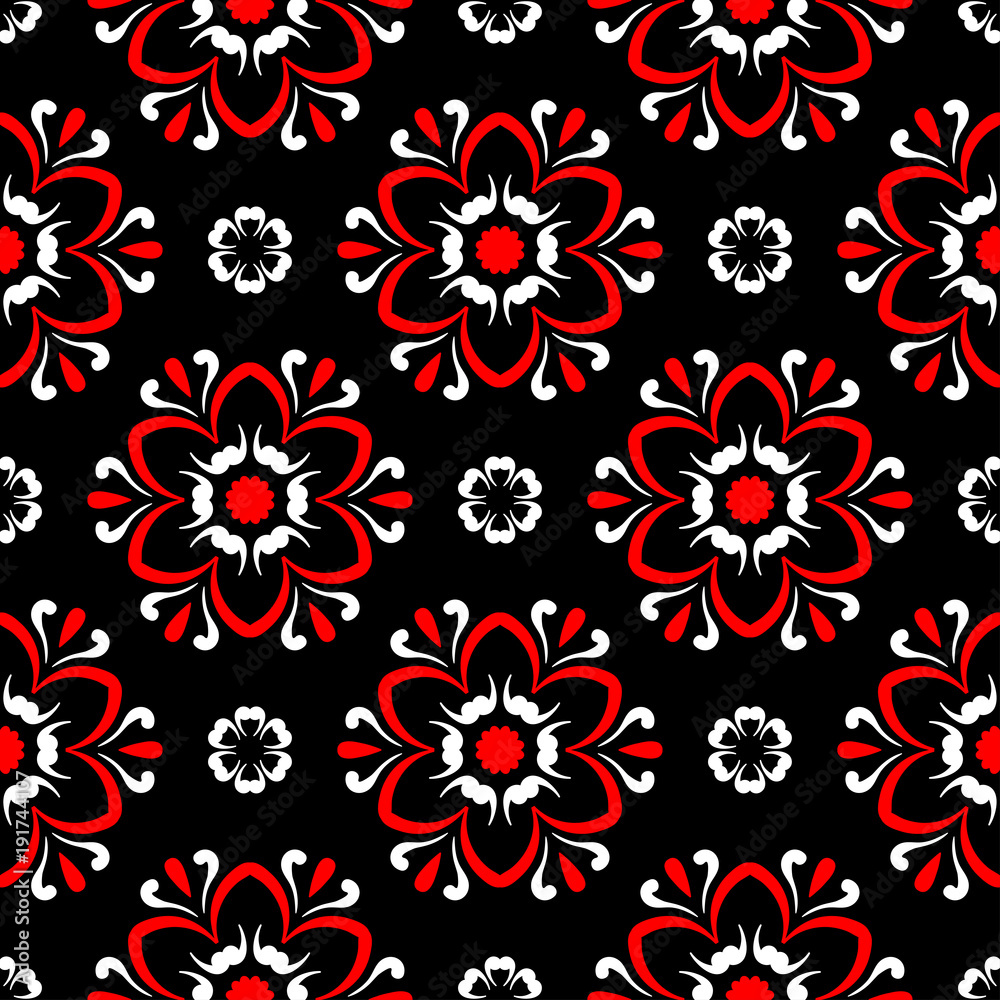 Black red and white flower elements. Seamless background