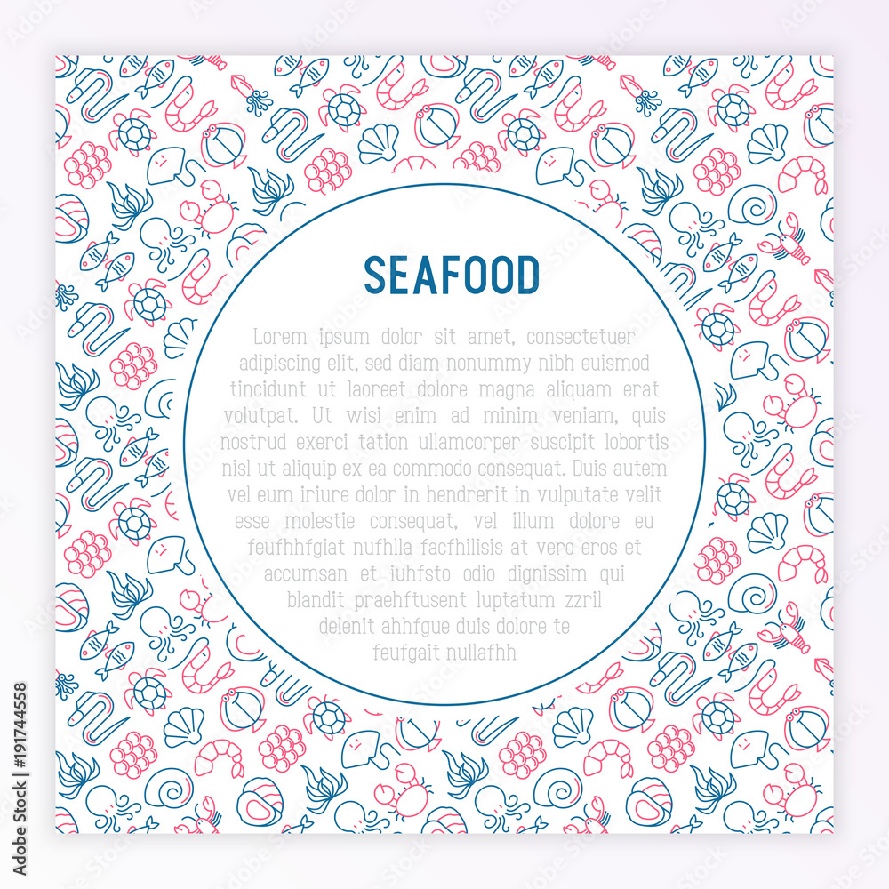 Seafood concept with thin line icons: lobster, fish, shrimp, octopus, oyster, eel, seaweed, crab, ramp, turtle. Modern vector illustration for restaurant menu. Seafood concept with thin line icons: lobster, fish, shrimp, octopus, oyster, eel, seaweed, crab, ramp, turtle. Modern vector illustration for restaurant menu.