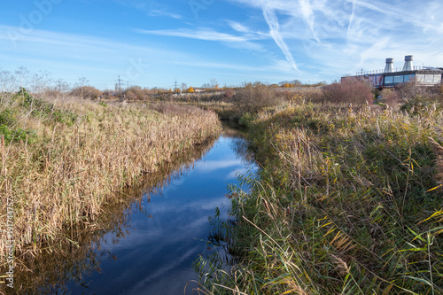 nature reserve in Rainham Marshes with a blue stream and reeds on a sunny day 