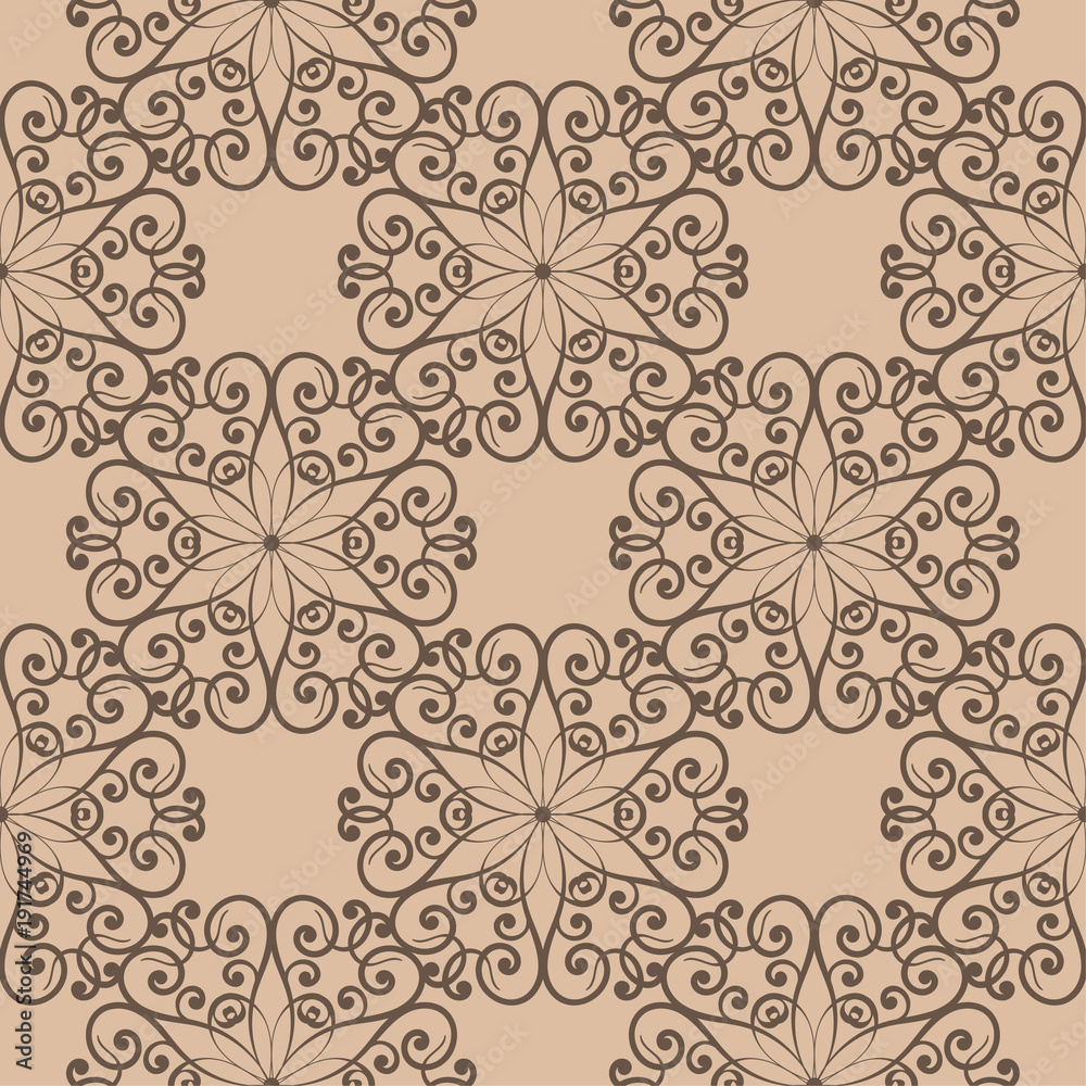 Brown floral seamless pattern on beige background