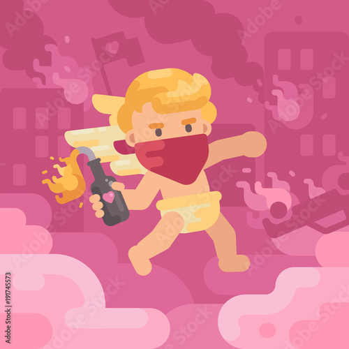 Cute rebel cupid throwing molotov cocktail in a burning city. Valentines Day concept flat illustration