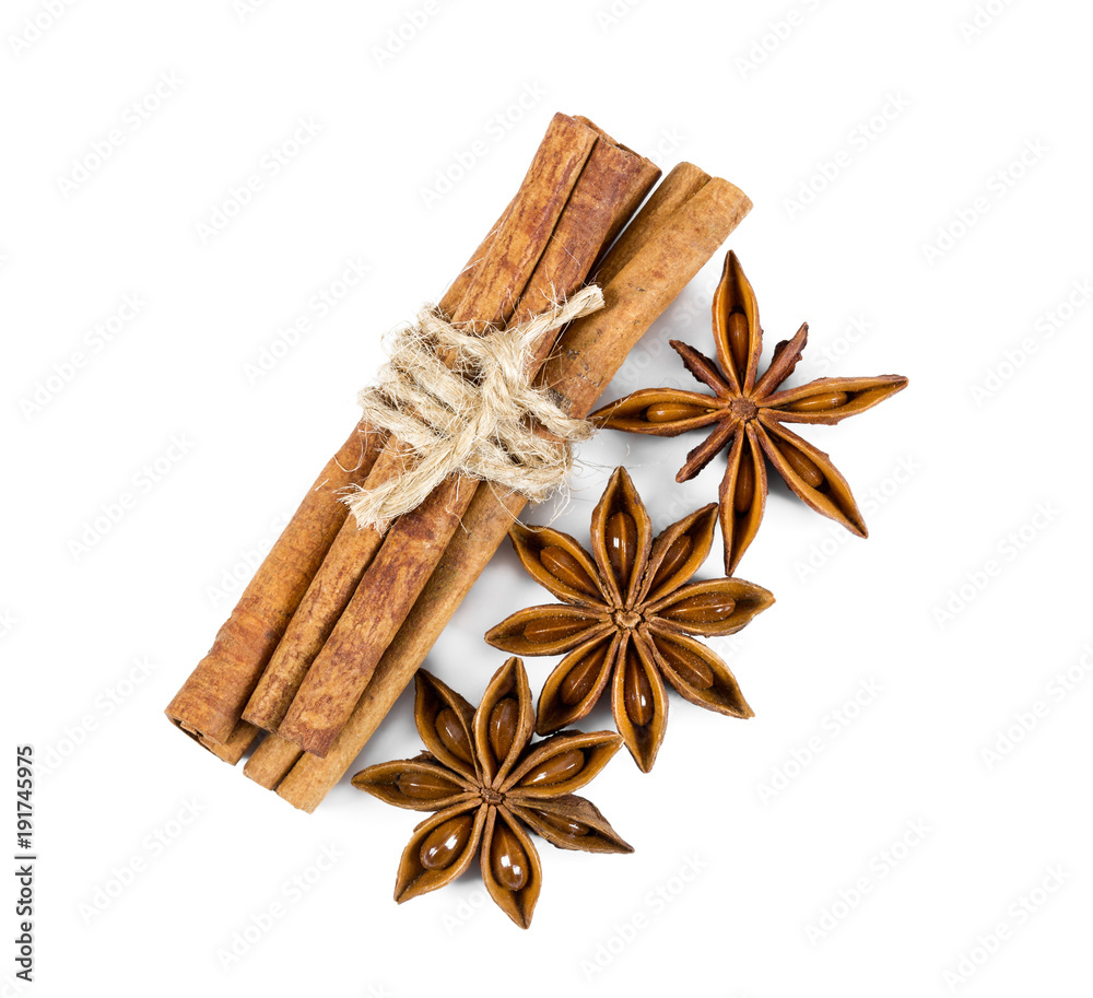 Cinnamon and star anise isolated on white background.