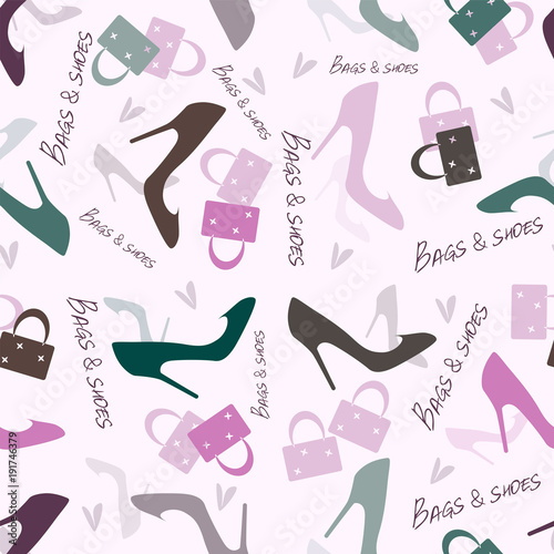 Seamless color pattern with women's shoes and bags on a light background, vector illustration