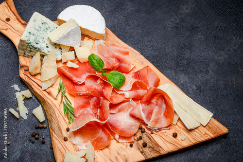 Meat plate of Italian prosciutto crudo or spanish jamon and cheese