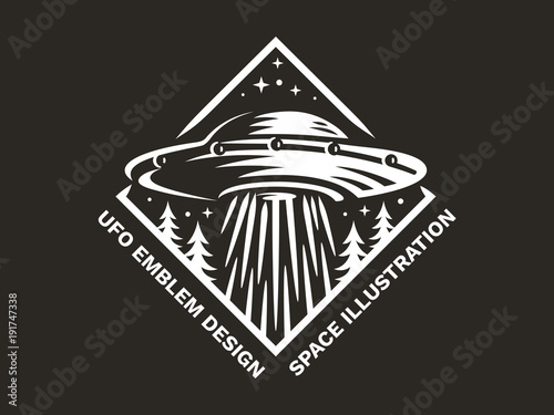 UFO hovered in the sky above the pine forest and emits light - emblem, vector illustration, print, sticker set on a black background.