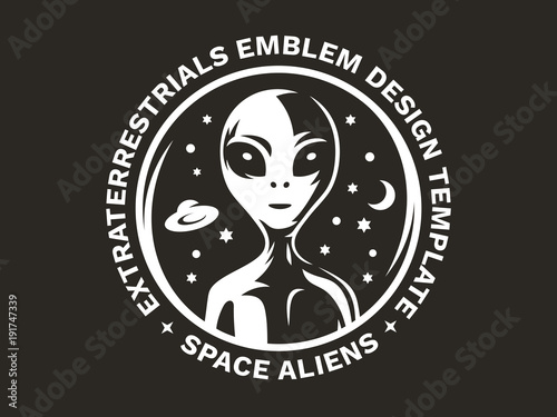 The figure of an alien on the chest in a circle against the background of the starry cosmic sky and flying through the UFO - emblem, vector illustration, print, sticker set on a black background.