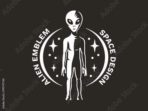 The alien stands in full growth against the sky, stars and distant planets - emblem, vector illustration, print, sticker set on a black background.