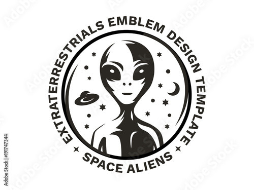 The figure of an alien on the chest in a circle against the background of the starry cosmic sky and flying through the UFO - emblem, vector illustration, print, sticker set on a white background.