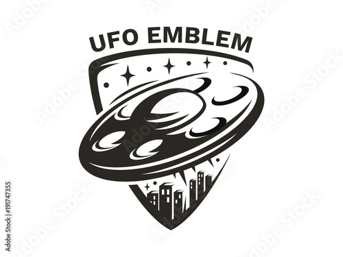 UFO flies in the sky above the multi-storey buildings of the city and emits light - emblem, vector illustration, print, sticker set on a white background.