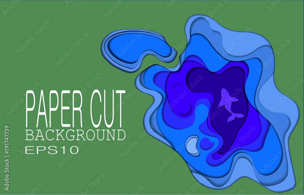 Papercut many layers of paper 3d background color! Liquid illustration of a small fish in the lake for websites, abstract design, origami paper, colorful 3d