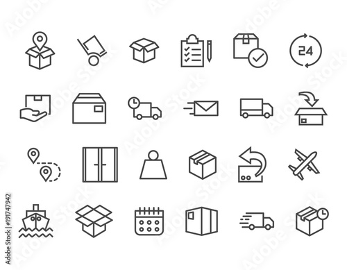 Set of Delivery Related Vector Line Icons. Contains such Icons as Priority Shipping, Express Delivery, Tracking Order and more. Editable Stroke. 48x48 Pixel Perfect. photo
