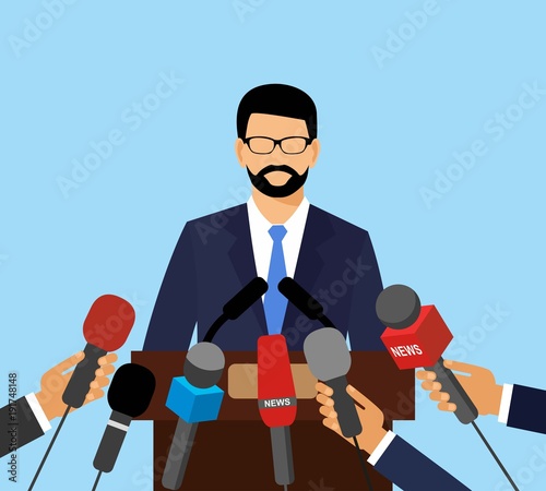 Live report concept. Press conference. Hands with microphone. News, interview, press conference. 