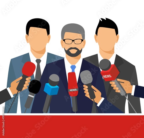 Live report concept. Press conference. Hands with microphone. News, interview, press conference. 