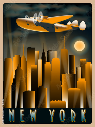 Dekoracja na wymiar  airplane-in-the-sky-over-new-york-at-night-handmade-drawing-vector-illustration-art-deco-style