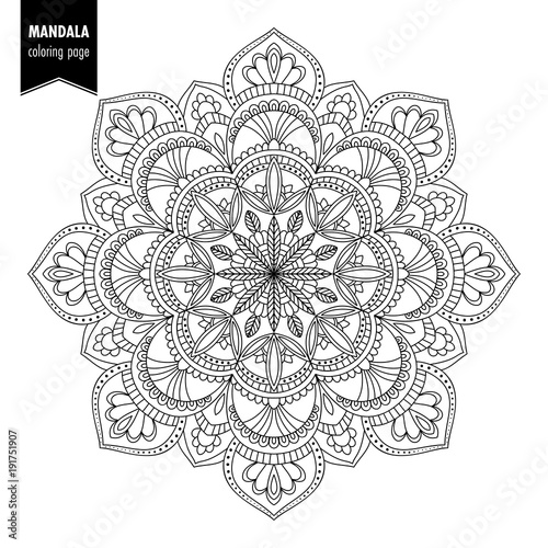 Monochrome ethnic mandala design. Anti-stress coloring page for adults. Hand drawn vector illustration