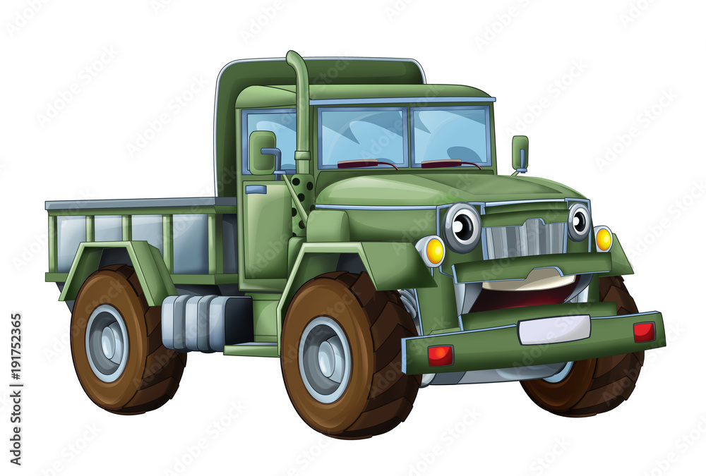 cartoon happy and funny military truck - isolated truck / smiling vehicle 