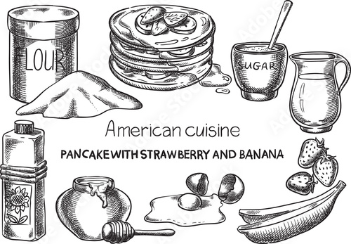 American cuisine / Creative conceptual vector. Sketch hand drawn american food recipe illustration, engraving, ink, line art, vector.