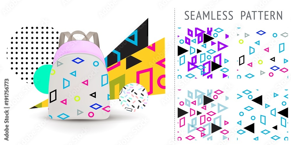 A set of summer seamless multicolor memphis patterns, demonstrated on textile backpack. Can be used for embroidery, print or silkscreen on fabric.