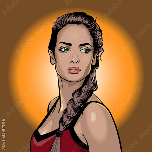 Girl. Portrait. Green-eyed brown-haired with a pensive look.