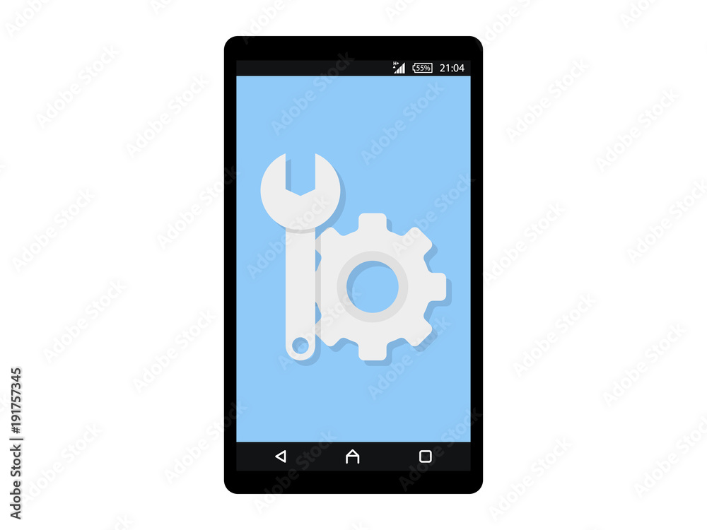 Wrench and Gear icon on smartphone screen. Fix, maintenance, mobile phone repair service concept for web banner, web site, info graphics. Flat design vector illustration Wrench and Gear icon on smartphone screen. Fix, maintenance, mobile phone repair service concept for web banner, web site, info graphics. Flat design vector illustration