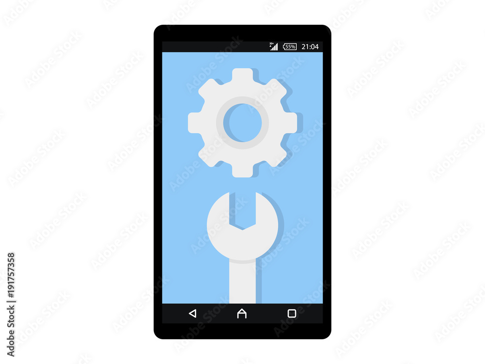 Wrench and Gear icon on smartphone screen. Fix, maintenance, mobile phone repair service concept for web banner, web site, info graphics. Flat design vector illustration