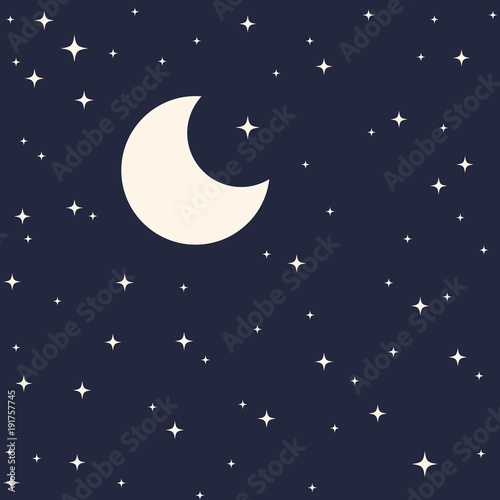 Night starry sky with moon flat illustration